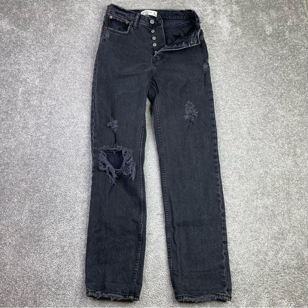 Abercrombie & Fitch The Dad Jeans Women's 00 Black Slim Straight High Rise Rips